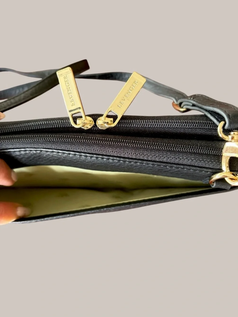Levenger Black Pebbled Leather Crossbody with Gold Hardware